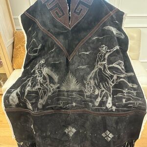 Leather Western Themed Black Poncho with Cowboy Design